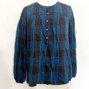 Every Moment Blue and Black Plaid Half Button Gathered Neck Puff Sleeve Blouse L
